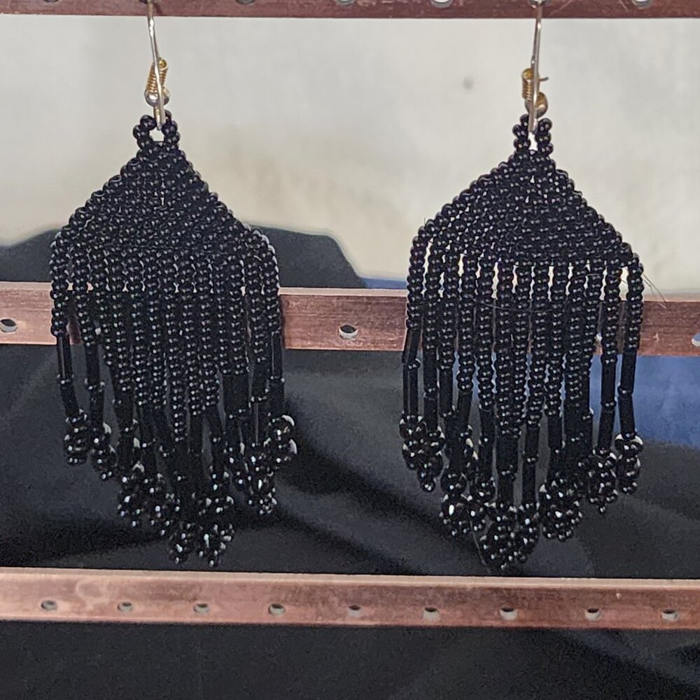 Coal Black Handmade Beaded Chandelier Shepard's Hook Earrings for Pierced Ears - Picture 14 of 16